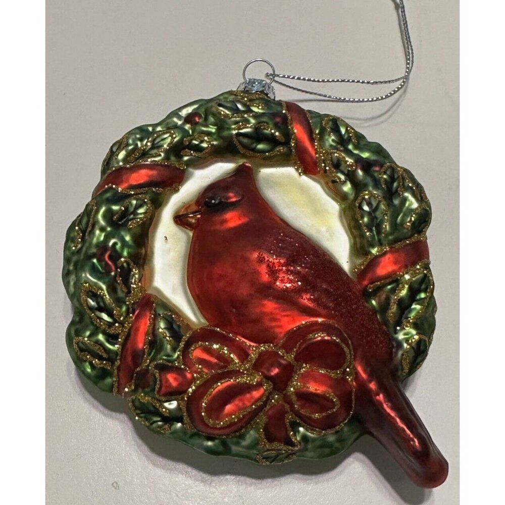 Cardinal and Wreath Art Glass Christmas Tree Ornament Red Bird Bow